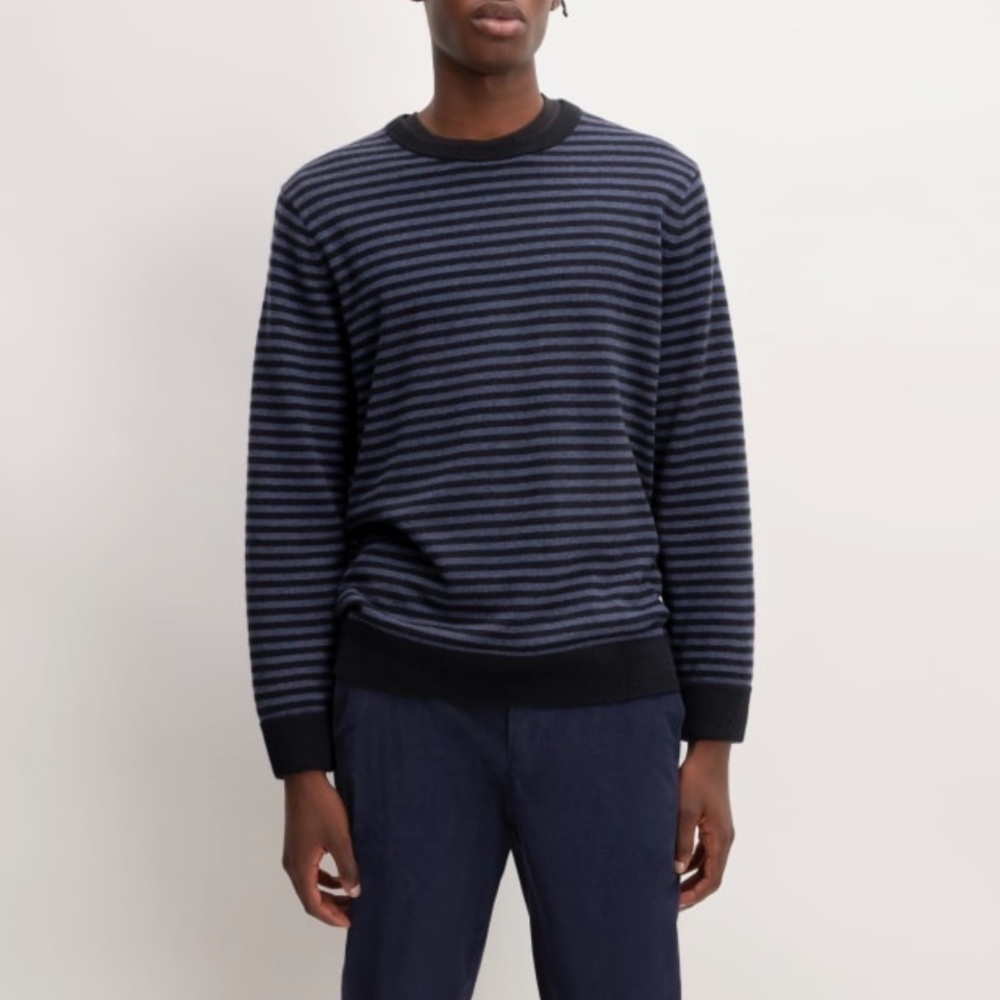 Everlane Men's The Grade-A Cashmere Crew Sweater Indigo/Dark Navy Stripe NWT